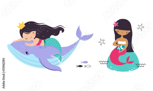 Cute Mermaid with Fish Tail and Wavy Hair on Whale Floating Underwater Vector Illustration Set