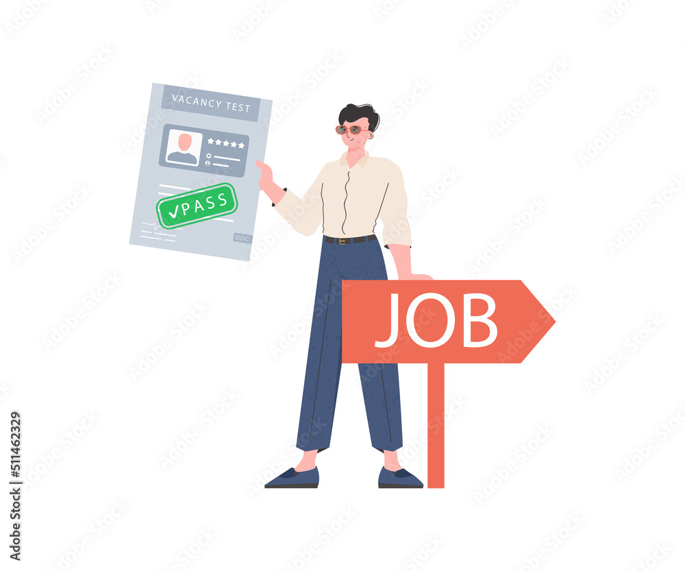 The guy holds in his hands the passed test for a vacancy. Job search and human resource concept. Vector illustration in a flat style. The guy holds in his hands the passed test for a vacancy. Job search and human resource concept. Vector illustration in a flat style.
