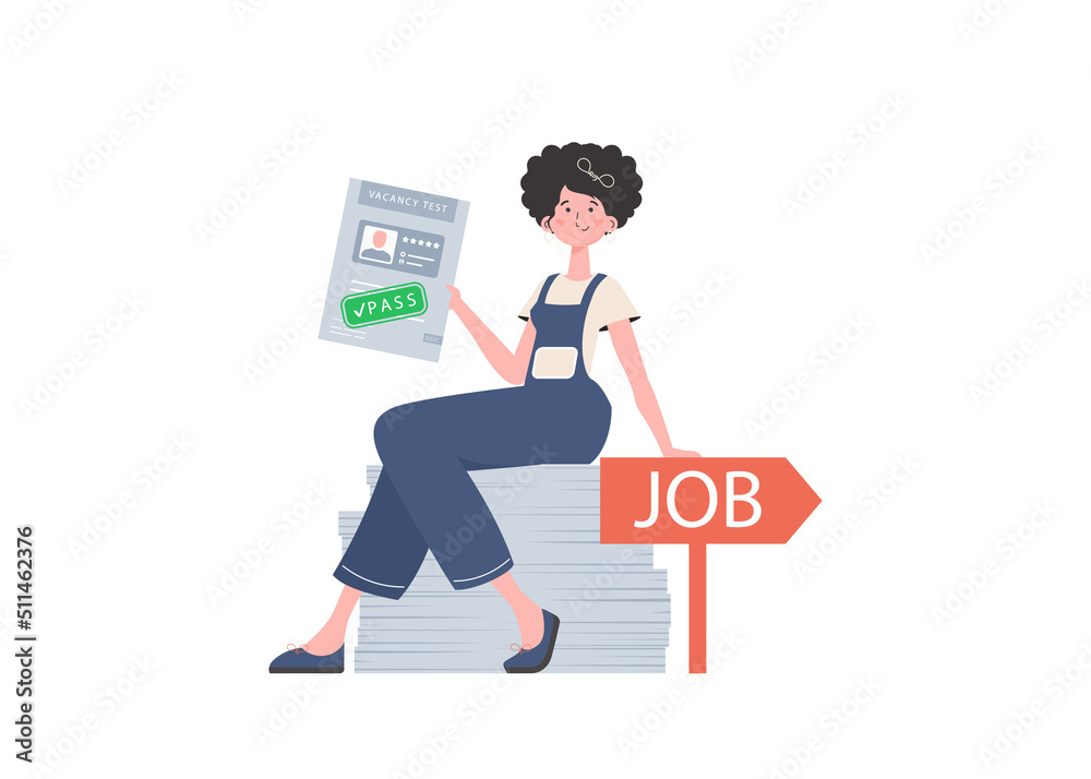 The girl holds in her hands the passed test for a vacancy. Job search concept. Isolated on white background. Trend style, vector illustration. The girl holds in her hands the passed test for a vacancy. Job search concept. Isolated on white background. Trend style, vector illustration.