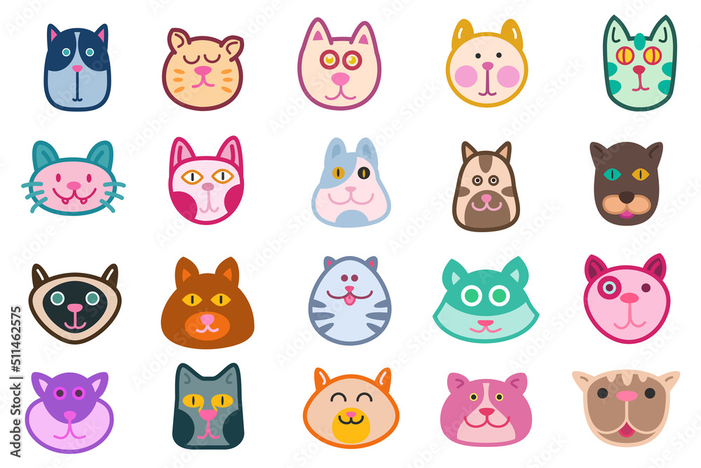custom made wallpaper toronto digitalSet of cute cats head in funny doodle style isolated on white background. Collection hand drawn character animal. Cartoon vector illustration.