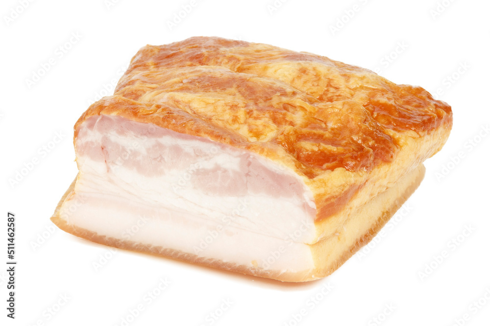 A piece of smoked bacon on a white background, a pork delicacy. A piece of smoked bacon on a white background, a pork delicacy.