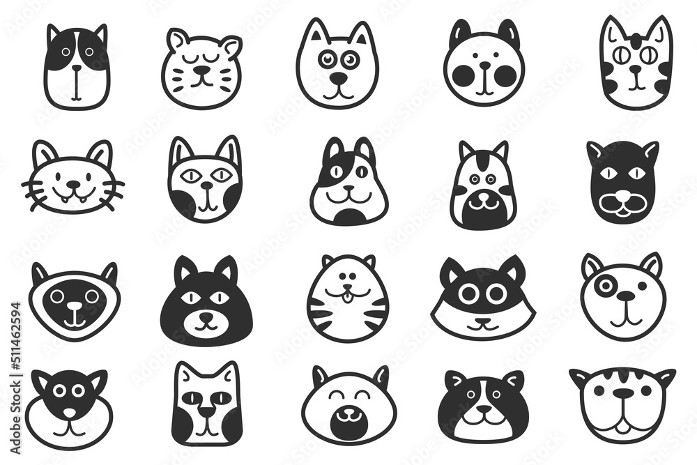 Set of cute cats head in funny doodle style isolated on white background. Collection hand drawn character animal. Cartoon vector illustration.