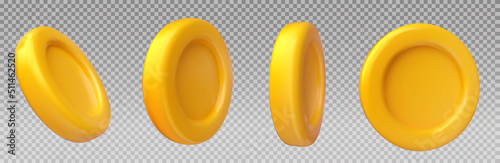 Golden coin in soft plastic style isolated on transparent background. Set realistic cute yellow money. Collection 3d vector glossy symbol for game, bank business. Cartoon modern minimal finance icon.