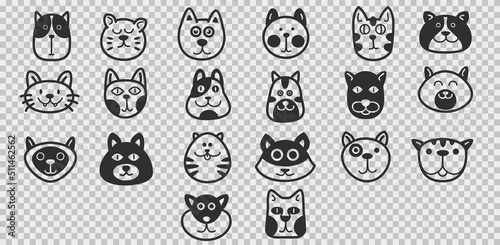 Set of cute cats head in funny doodle style isolated on transparent background. Collection hand drawn character animal. Cartoon vector illustration.