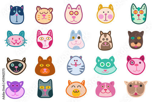 Set of cute cats head in funny doodle style isolated on white background. Collection hand drawn character animal. Cartoon vector illustration.