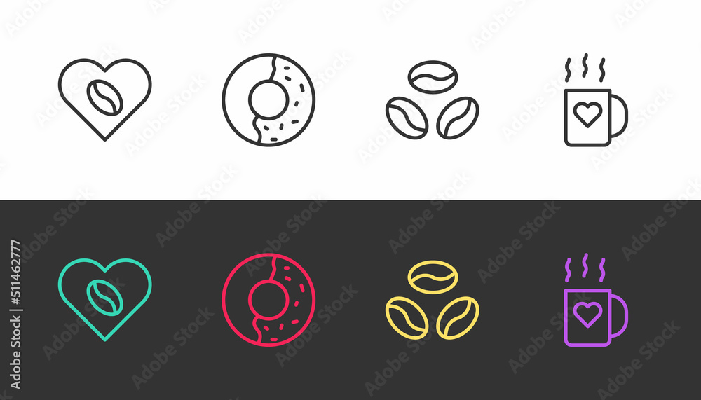 Set line Coffee Lovers, Donut with sweet glaze, beans and cup and heart on black and white. Vector Set line Coffee Lovers, Donut with sweet glaze, beans and cup and heart on black and white. Vector