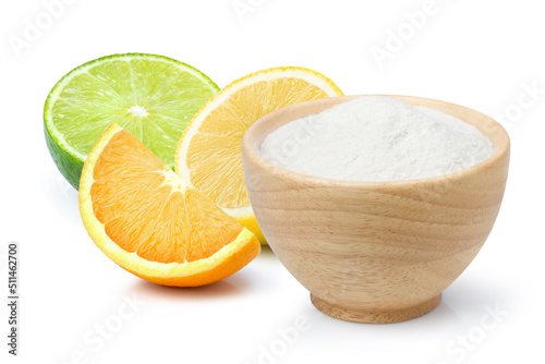 Baking soda or sodium bicarbonate powder and citrus fruits isolated on white background. Citric acid powder.