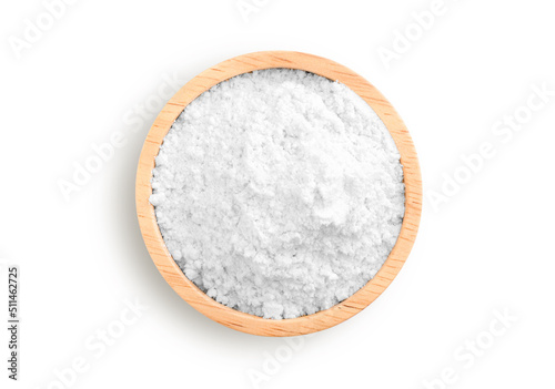 Calcium hydroxide powder (Deydrated lime) in wooden bowl isolated on white background. Top view. Flat lay.
