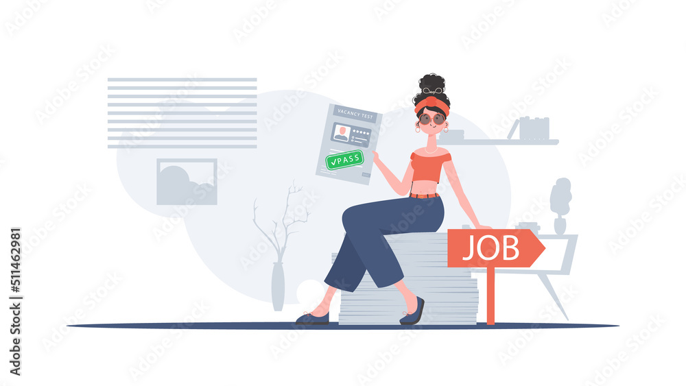 The girl holds in her hands the passed test for a vacancy. Job search concept. Vector illustration in a flat style. The girl holds in her hands the passed test for a vacancy. Job search concept. Vector illustration in a flat style.