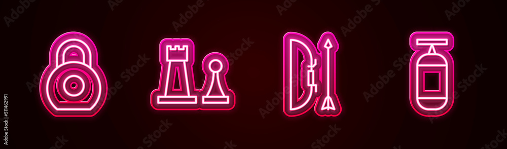 Set line Kettlebell, Chess, Bow and arrow in quiver and Punching bag. Glowing neon icon. Vector Set line Kettlebell, Chess, Bow and arrow in quiver and Punching bag. Glowing neon icon. Vector