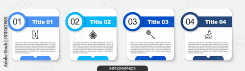 Set line Bow and arrow in quiver, Classic dart board, Tennis racket and Skates. Business infographic template. Vector
