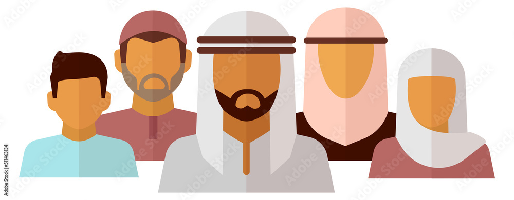 Muslim people portrait. Islamic men and women
