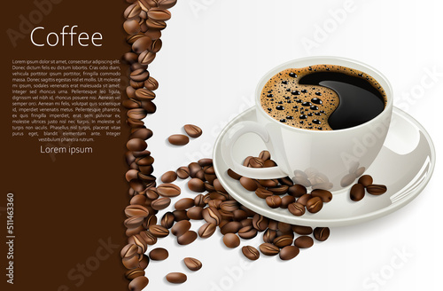 A cup of coffee on a light brown background. Vector illustration of a realistic coffee cup with scattered coffee beans and with space for text. Sketch for creativity.