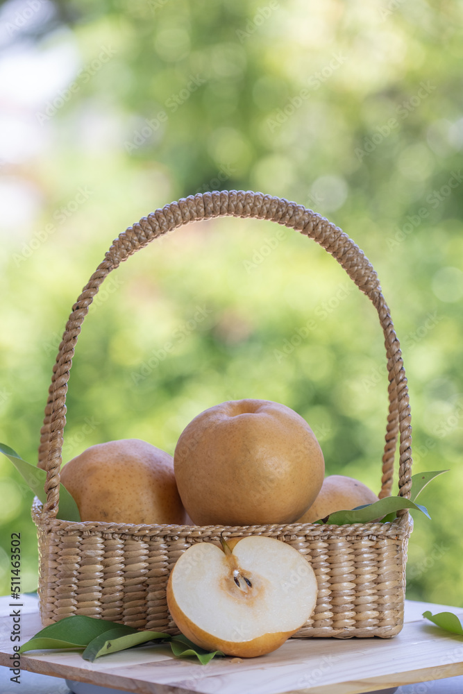 Snow pear fruit in basket, Fresh Nashi pear or Korean pear fruit in the basket on green bokeh background. 