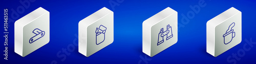 Set Isometric line Swiss army knife, Lighter, Binoculars and Cup of tea icon. Vector