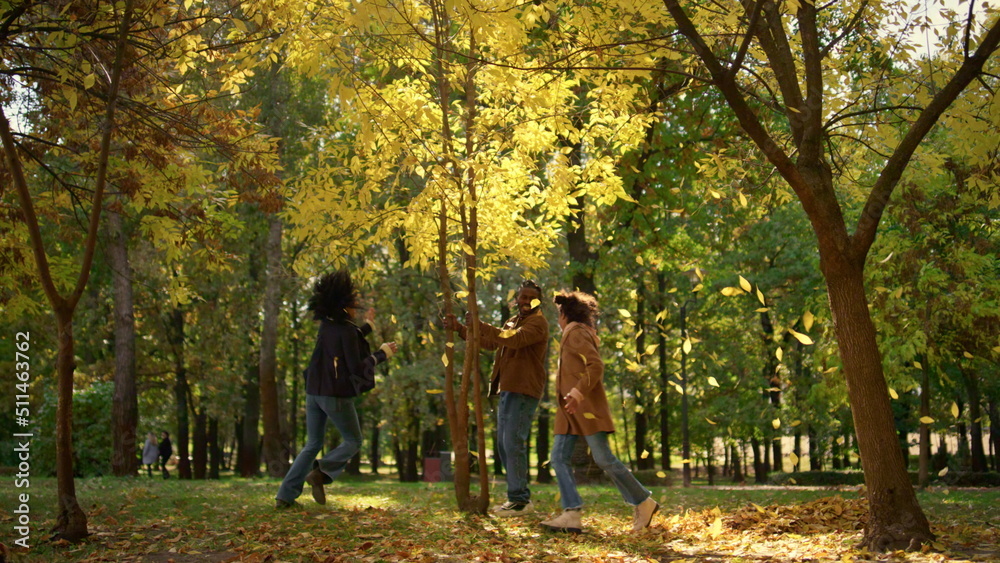 Happy family play park run under falling golden leaves. Leisure time in garden. Happy family play park run under falling golden leaves. Leisure time in garden.
