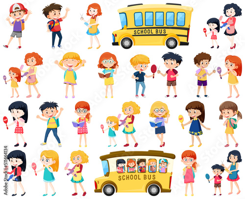 Set of cute school kids cartoon characters