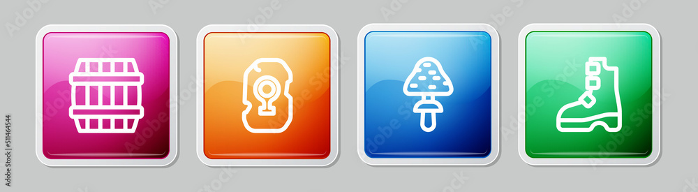 Set line Wooden barrel, Magic rune, Mushroom and Ancient viking boots. Colorful square button. Vector Set line Wooden barrel, Magic rune, Mushroom and Ancient viking boots. Colorful square button. Vector
