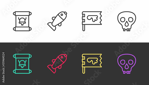 Set line Decree, parchment, scroll, Fish, Viking flag and Skull on black and white. Vector