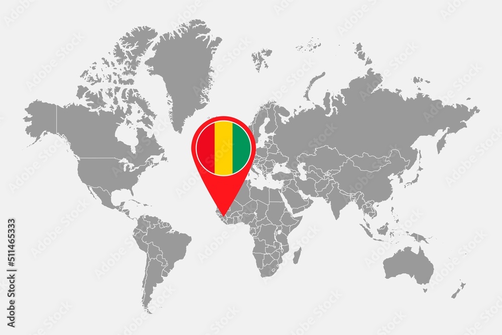 Naklejka premium Pin map with Guinea flag on world map. Vector illustration.