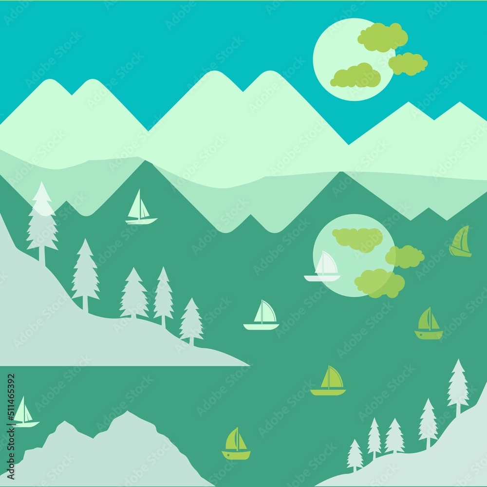winter landscape with forest lake and mountains illustration