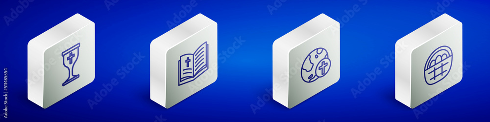 Set Isometric line Christian chalice, Holy bible book, cross with globe and Basket easter eggs icon. Vector Set Isometric line Christian chalice, Holy bible book, cross with globe and Basket easter eggs icon. Vector