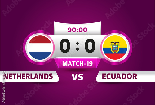 Netherlands vs Ecuador, world Football 2022, Group A. World Football Competition championship match versus teams intro sport background, championship competition final poster, vector illustration.
