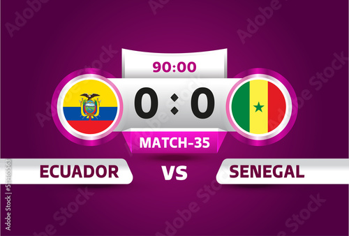 Ecuador vs Senegal, world Football 2022, Group A. World Football Competition championship match versus teams intro sport background, championship competition final poster, vector illustration.
