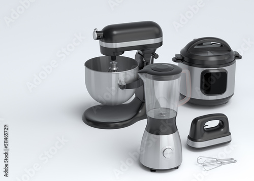 Blender for making healthy smoothie  hand mixer and multi cooker on white