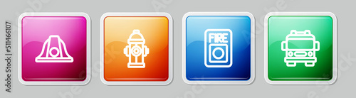 Set line Firefighter helmet, hydrant, alarm system and truck. Colorful square button. Vector