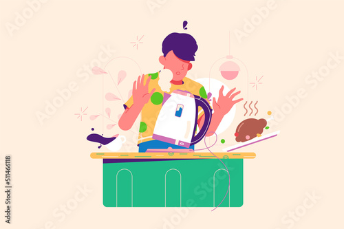 Young guy preparing morning meal and drinks