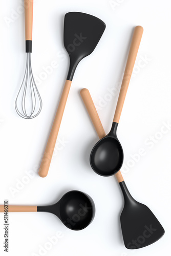 Wooden kitchen utensils, tools and equipment on white background.