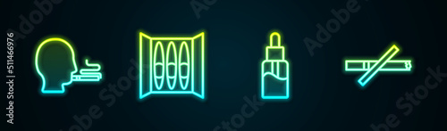 Set line Man smoking a cigarette, Cigar, Vape liquid bottle and No. Glowing neon icon. Vector