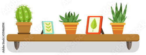Decorative wall shelf with succulents pots and picture frame
