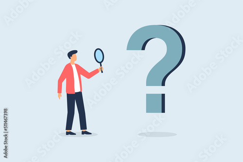 Business man is analyzing problems in business using a magnifying glass analyzing question marks. Vector illustration
