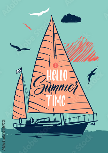 Hello summer time poster. Retro sailing ship flyer