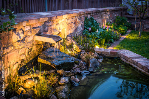 Garden water feature in the evening light