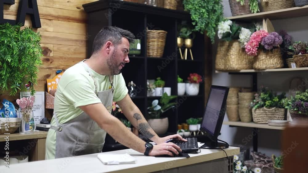 a florist man taking an order by phone and confirming it with the computer. own business a florist man taking an order by phone and confirming it with the computer. own business
