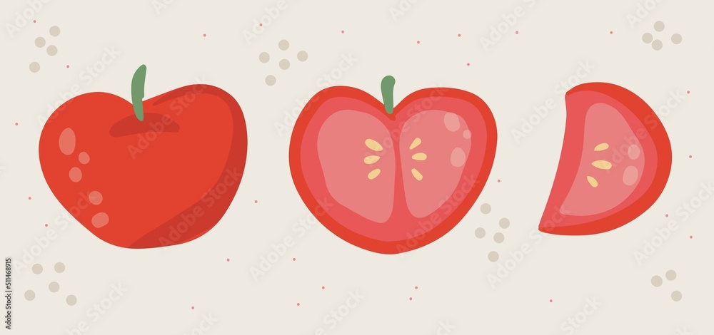 Hand drawn red Tomato set in cartoon style. Healthy food elements. Vector illustration isolated on white background Hand drawn red Tomato set in cartoon style. Healthy food elements. Vector illustration isolated on white background