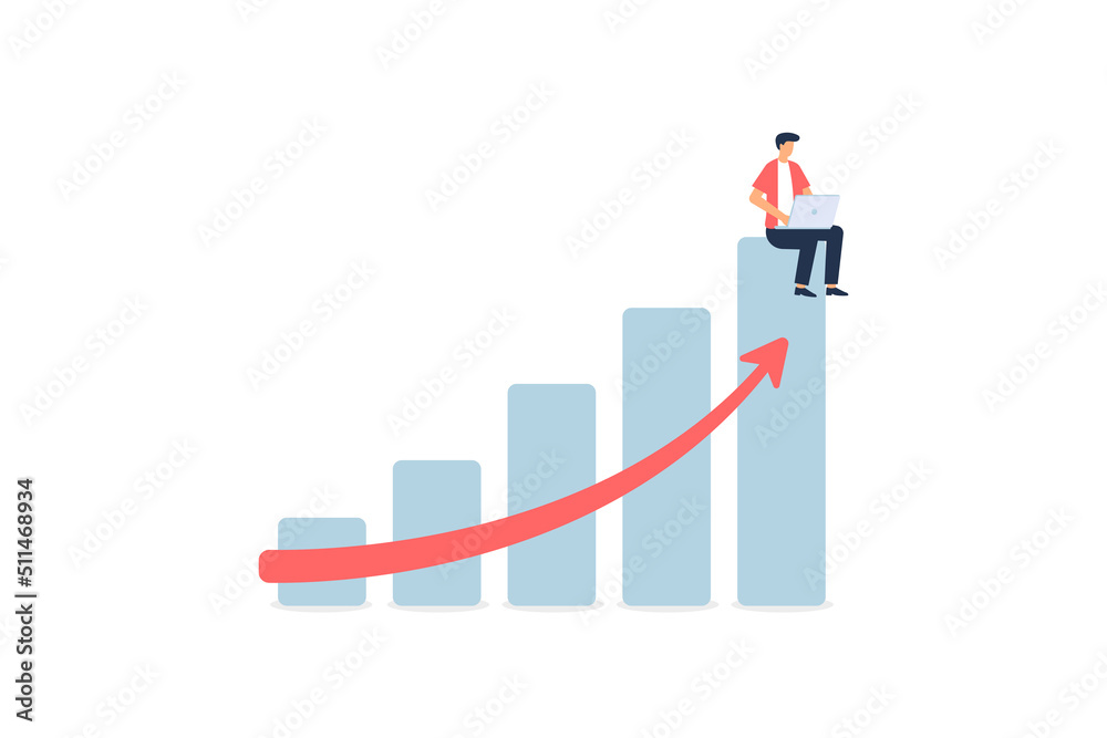 Business man sitting with laptop over rising investment chart. Vector illustration Business man sitting with laptop over rising investment chart. Vector illustration
