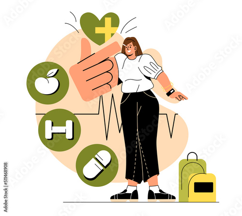 Basic human needs. Young girl makes up diet with all necessary vitamins and minerals. Active lifestyle and athlete nutrition. Health care and fitness concept. Cartoon flat vector illustration