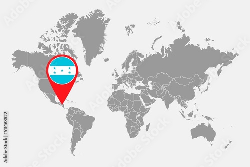 Fototapeta Naklejka Na Ścianę i Meble -  Pin map with Honduras flag on world map. Vector illustration.