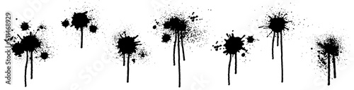 Splashes of ink paint with drips and drops, set. Vector illustration