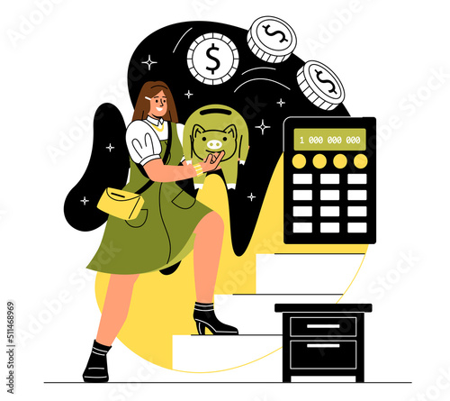 Basic human needs. Young girl transfers money to bank. Investing and financial literacy. Family budget calculation, assessment of income and expenses, analytics. Cartoon flat vector illustration