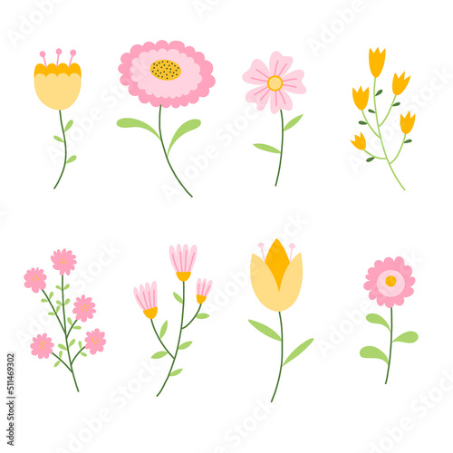 Cute colorful set of vector floral elements. Spring collection of flowers and plants in bright colors.