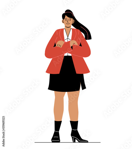 Business women collection. Young girl in skirt and red jacket. Benevolent boss gives instructions. Talented entrepreneur or investor, financial literacy, success. Cartoon flat vector illustration