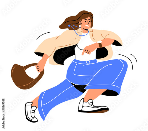 Business people late. Girl with bag hurries to workplace or negotiations. Talented businesswoman, poor time management. Character running, trying to meet deadline. Cartoon flat vector illustration