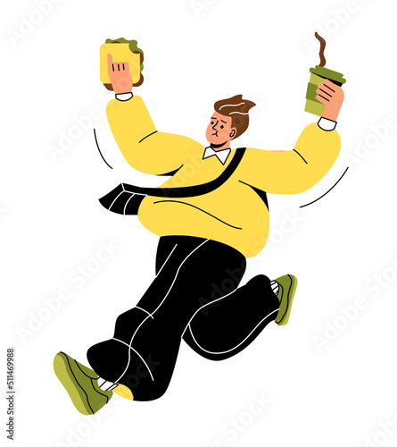 Business people late. Man runs with sandwich and cocktail in hand. Employee hurries to workplace after lunch break. Poor time management and irresponsible manager. Cartoon flat vector illustration