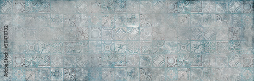 Blue old cement texture and retro tiles background, Vintage backdrop