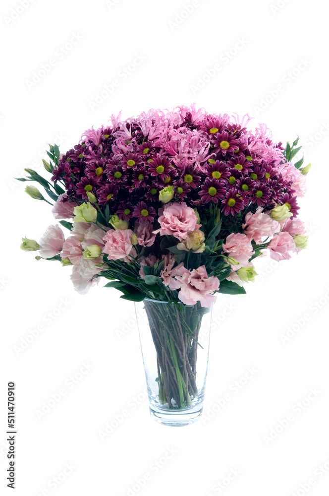 Nice Pink Daisies and Roses in Glass Vase on White